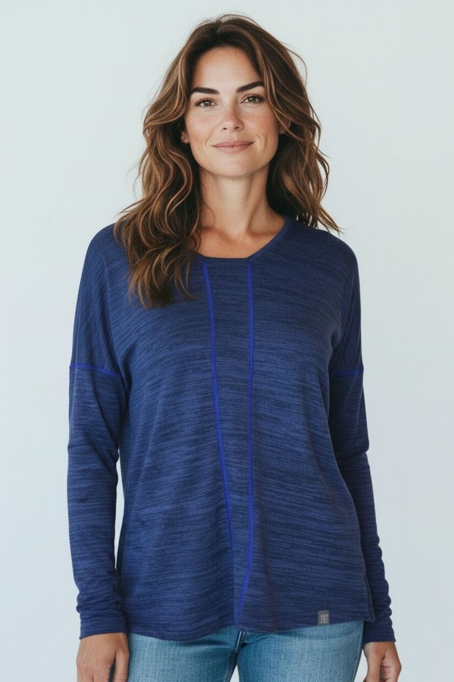 Title Nine Double Time V Neck Athlesure Outdoors Hiking Long Sleeve Blue Sz Med